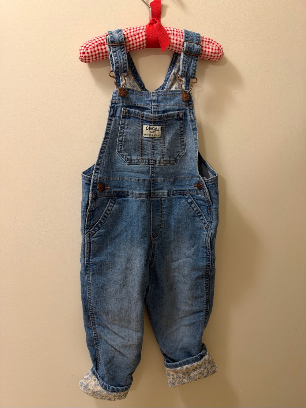 OshKosh B’gosh Girls Denim Overalls 4T Floral Lined Cuffs Adjustable Straps
